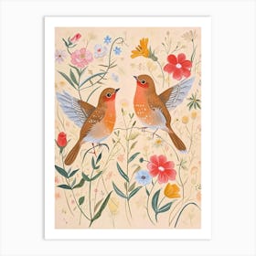 Folksy Floral Animal Drawing Bird 2 Art Print