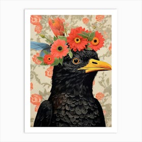 Bird With A Flower Crown Blackbird 1 Art Print