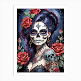 Sugar Skull Girl With Roses Painting (19) Art Print