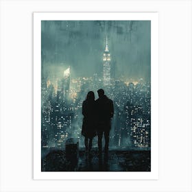 Night In New York City, Romantic Monochrome Charcoal style Art Print