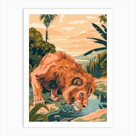 Barbary Lion Drinking Illustration 2 Art Print