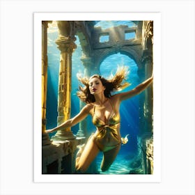 Woman swimming in gold underwater ruin 6 Art Print