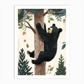 American Black Bear Cub Climbing A Tree Storybook Illustration 1 Art Print