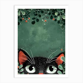 Black Cat With Berries Art Print