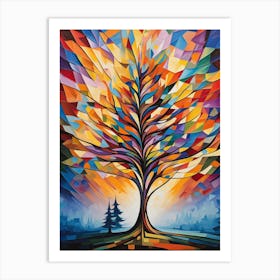 Vibrant Tree at Sunset IV, Abstract Colorful Painting in Van Gogh Style Art Print