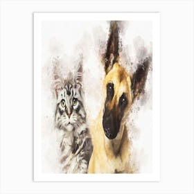 Belgian Shepherd Dog And A Cat Art Print