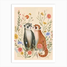 Folksy Floral Animal Drawing Ferret 4 Art Print