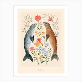 Folksy Floral Animal Drawing Harp Seal 2 Poster Art Print