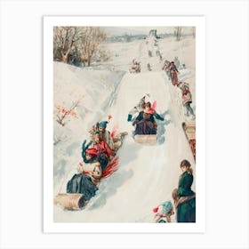 Vintage Winter Sledding Art Print