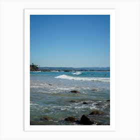 Beach At Daytime With Waves, Rocks And Surfers On Iconic Australian Beach. Clear Blue Skies Art Print