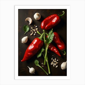 Hot Peppers On A Wooden Table Art Print