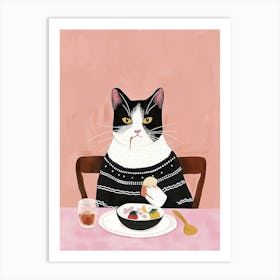 Black And White Cat Having Breakfast Folk Illustration 4 Art Print