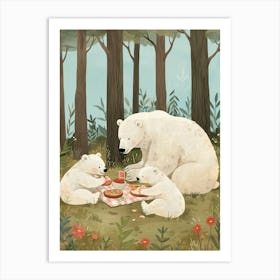 Polar Bear Family Picnicking In The Woods Storybook Illustration 3 Art Print