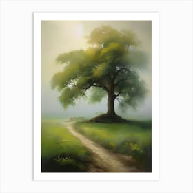 Oak tree, fine work of art, misty atmosphere, green meadow..10 Art Print