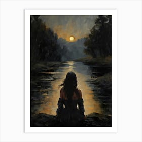 Awe - A Woman Sat in Solitude Watching the Sunset Witchy Art Print - Gloomy Dark Aesthetic Gothic Vintage Painting Altar Wall | Gloomy Dark Cottagecore Stormy Beautiful Art Print