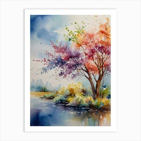 Watercolor Tree By The River Art Print