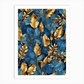 Blue And Gold Tropical Leaves Art Print 1 Art Print