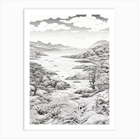 Iriomote Island In Okinawa, Ukiyo E Black And White Line Art Drawing 2 Art Print