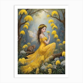 Fairy In Yellow Dress with Australia Yellow Wattle Flowers Art Print