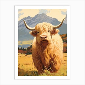 Furry Blonde Highland Cow With The Mountains In The Background Art Print