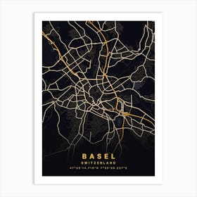 Basel Switzerland Black And Gold Map Art Print