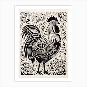 B&W Bird Linocut Rooster 4 Art Print
