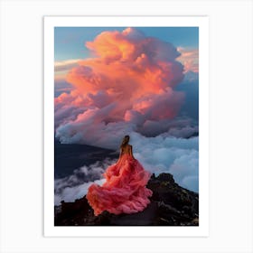 "Romantic Vista: Woman in Coral Dress" Art Print