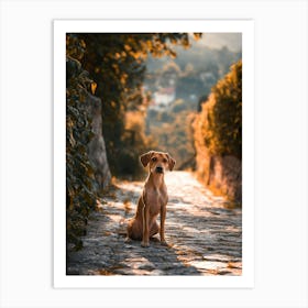 Dog Sitting On Cobblestone Road. Generated AI. Art Print Art Print