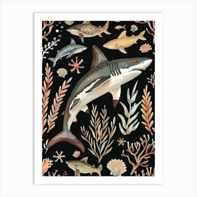 Largetooth Cookiecutter Shark Seascape Black Background Illustration 3 Art Print