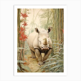 Vintage Illustration Of A Rhino Walking Through The Leaves 1 Art Print