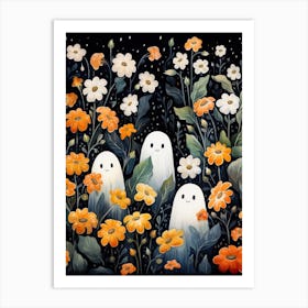 Cute Bedsheet Ghost, Botanical Halloween Watercolour 19 Art Print