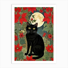 William Morris Black Cat With Poinsettias Art Print