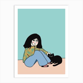 Girl And Black Cat Art Print