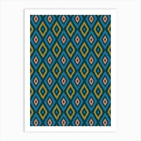 DIAMOND IKAT Boho Woven Texture Style in Exotic Blue Green Blush Dark Teal Art Print