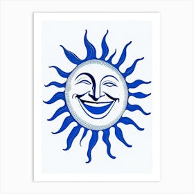Laughing Sun Symbol Blue And White Line Drawing Art Print