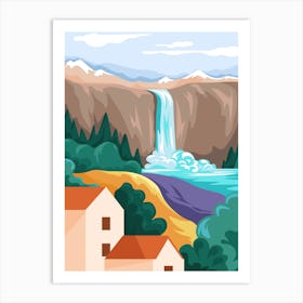 Scenery With Houses And Waterfall Landscapes Art Print