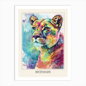 Mountain Lion Colourful Watercolour 2 Poster Art Print
