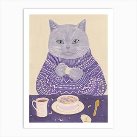 Grey Cat Having Breakfast Folk Illustration 5 Art Print