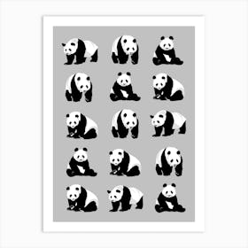 Panda Bears Pattern Grey 1 Art Print