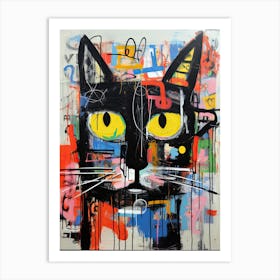 Urban Feline Melodies: Basquiat-Styled Street Art Art Print