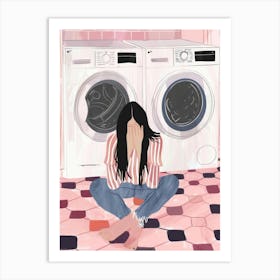 Illustration Of A Woman Sitting In Front Of A Washing Machine Art Print