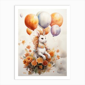 Unicorn Flying With Autumn Fall Pumpkins And Balloons Watercolour Nursery 3 Art Print