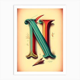 N, Letter, Alphabet Vintage Sketch 1 Art Print