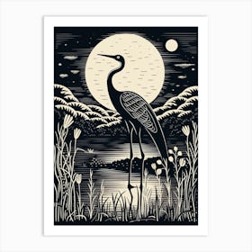 B&W Bird Linocut Crane 1 Art Print