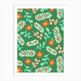 Green and Red Mistletoe and Winter Botanicals on Green Art Print