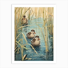 Ducklings With The Pond Weed Japanese Woodblock Style 3 Art Print