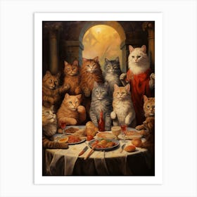 Medieval Cats Dining Around A Circle Table In A Monestary Art Print