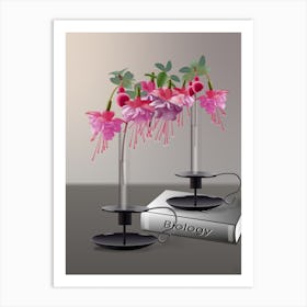 Pink Fuchsia Flowers In Glass Test Tubes With Candlesticks On A Biology Book Art Print