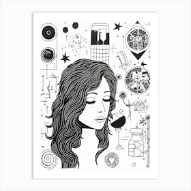 Woman Thoughts Black And White Line Art 2 Art Print