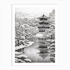 Kinkaku Ji (Golden Pavilion) In Kyoto, Ukiyo E Black And White Line Art Drawing 1 Art Print